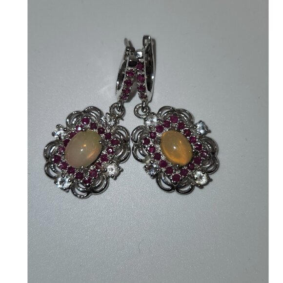 925 Sterling Silver Floral Fire Opal/Ruby/Blue Topaz Centre Earrings Value $655 - Picture 5 of 6